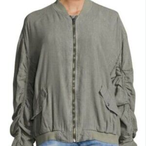 Free People Linen Blend Ruched Bomber Jacket Lightweight Zip Front Large